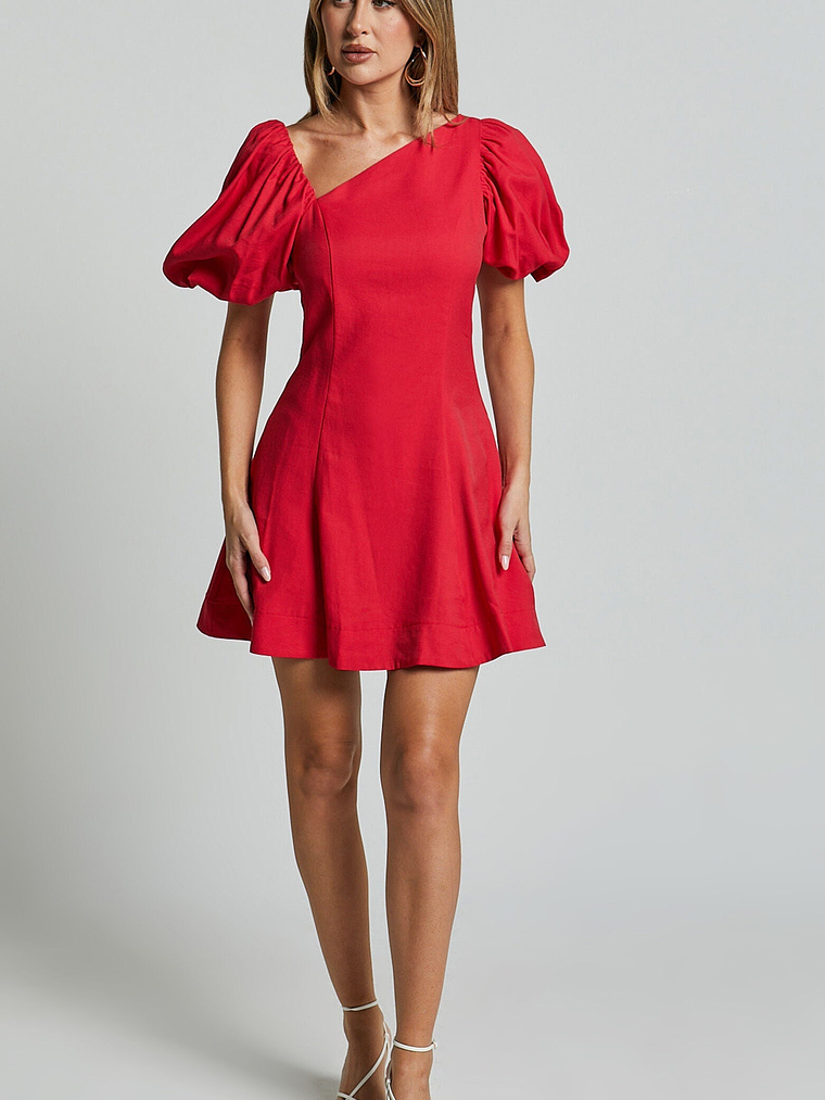 Harlow Mini Dress - Asymmetric Puff Sleeve Flare Dress in Red 3