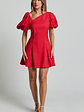 Harlow Mini Dress - Asymmetric Puff Sleeve Flare Dress in Red - thumbnail 3