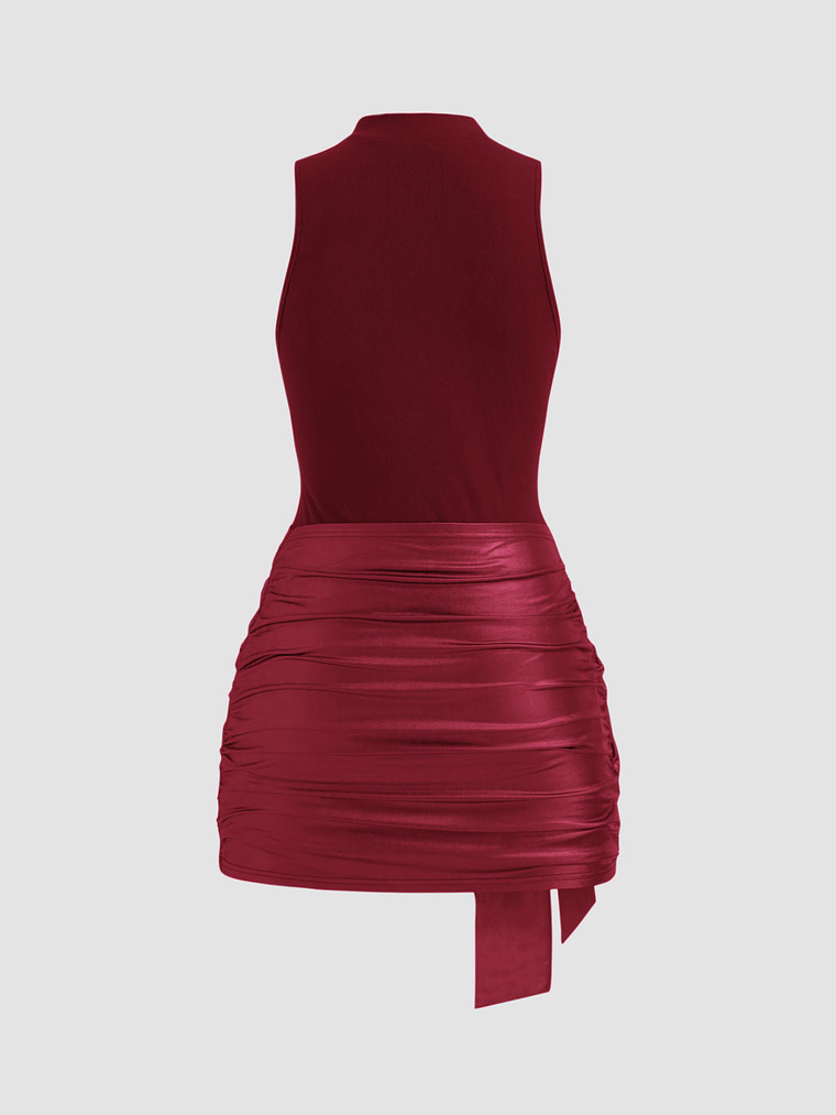 High Neck Ruched Knotted Mini Dress 16