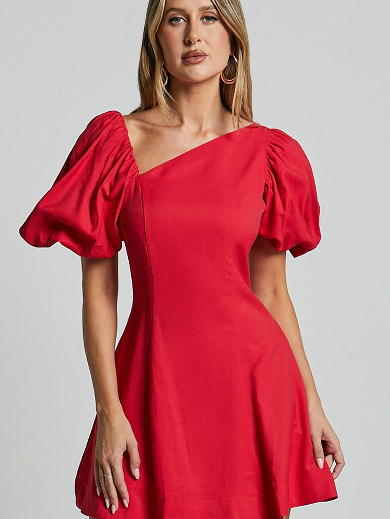 Harlow Mini Dress - Asymmetric Puff Sleeve Flare Dress in Red 4
