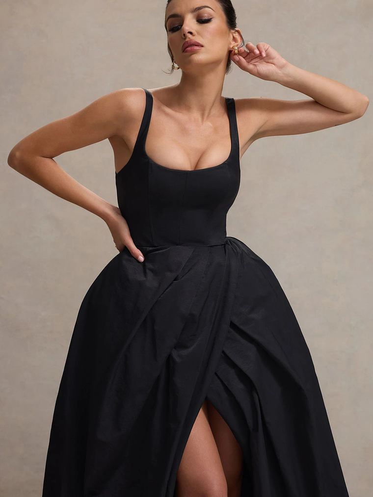 Infinite | Black Strappy Maxi Dress With Volume High-Low Skirt 3