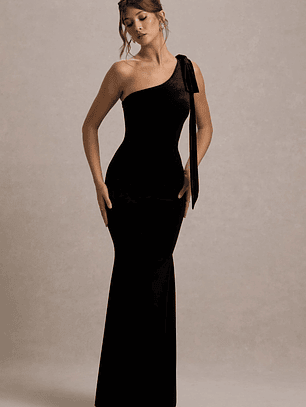 Jillian | Black Velvet Asymmetric Maxi Dress With Bow Strap