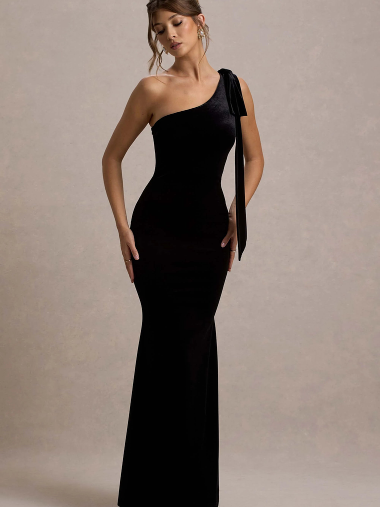 Jillian | Black Velvet Asymmetric Maxi Dress With Bow Strap 1