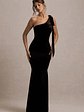 Jillian | Black Velvet Asymmetric Maxi Dress With Bow Strap - thumbnail 1