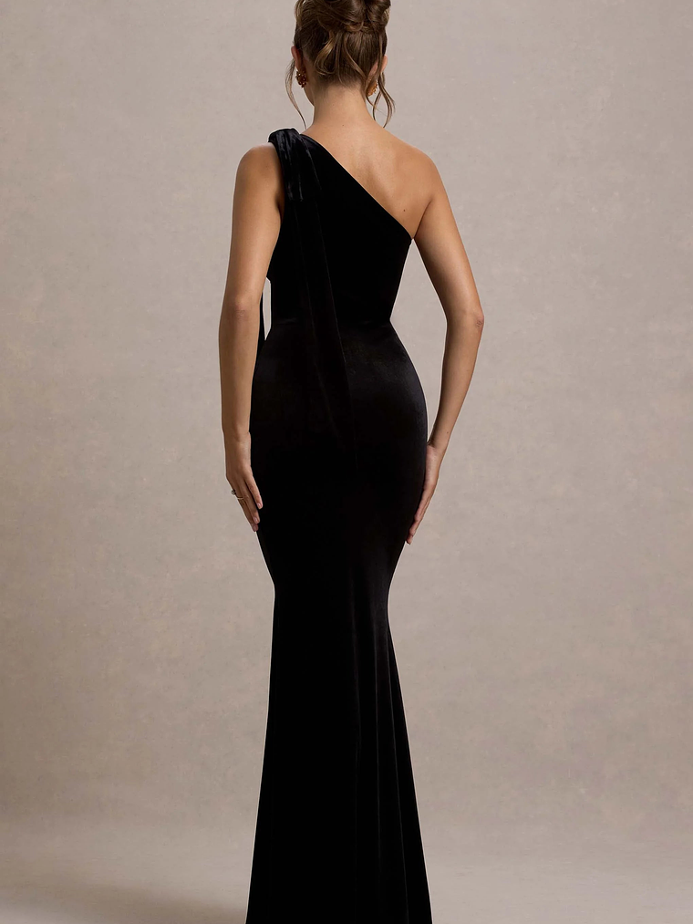Jillian | Black Velvet Asymmetric Maxi Dress With Bow Strap 2