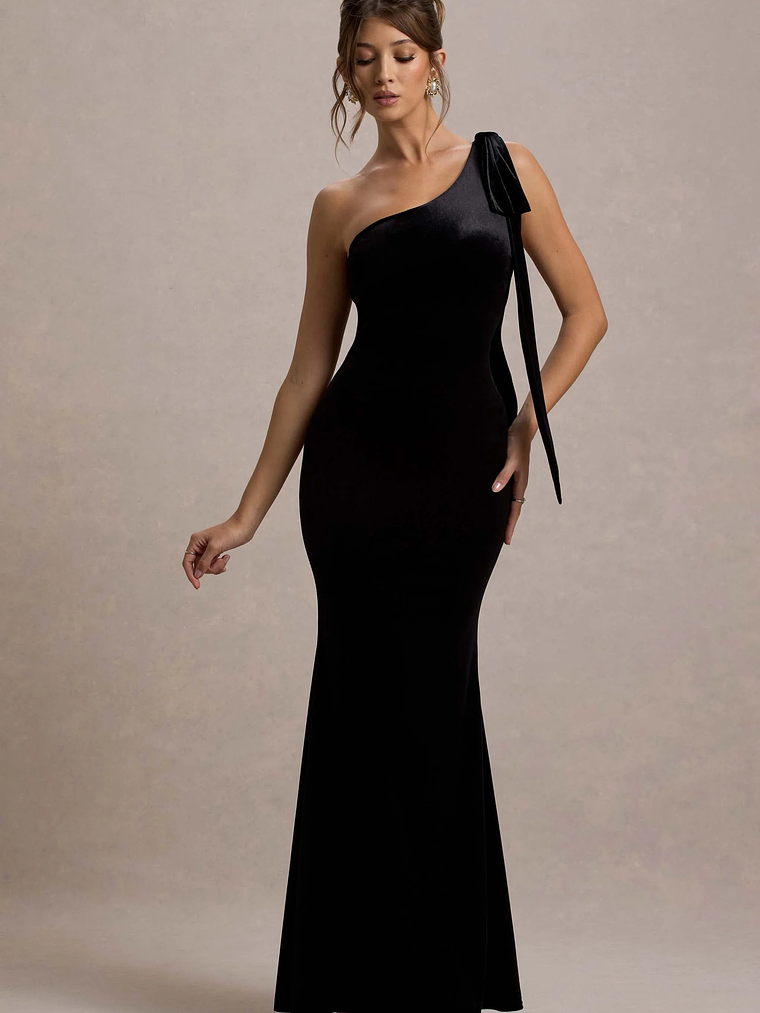 Jillian | Black Velvet Asymmetric Maxi Dress With Bow Strap 4