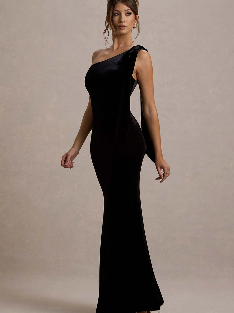 Jillian | Black Velvet Asymmetric Maxi Dress With Bow Strap 5