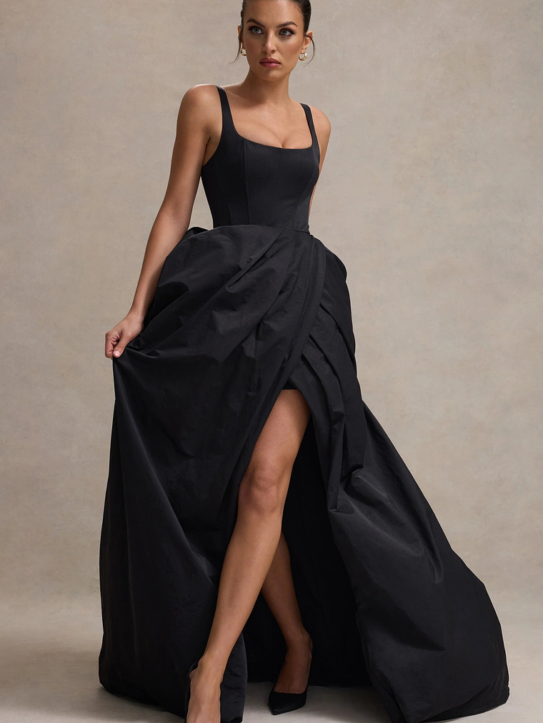Infinite | Black Strappy Maxi Dress With Volume High-Low Skirt 7