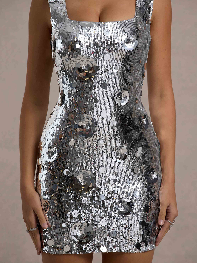 Jasmyn | Silver Sequin Square-Neck Mini Dress 6