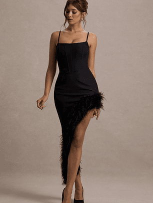 High Status | Black Strappy Corset Asymmetric Maxi Dress With Feather Trim
