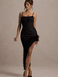 High Status | Black Strappy Corset Asymmetric Maxi Dress With Feather Trim - thumbnail 1