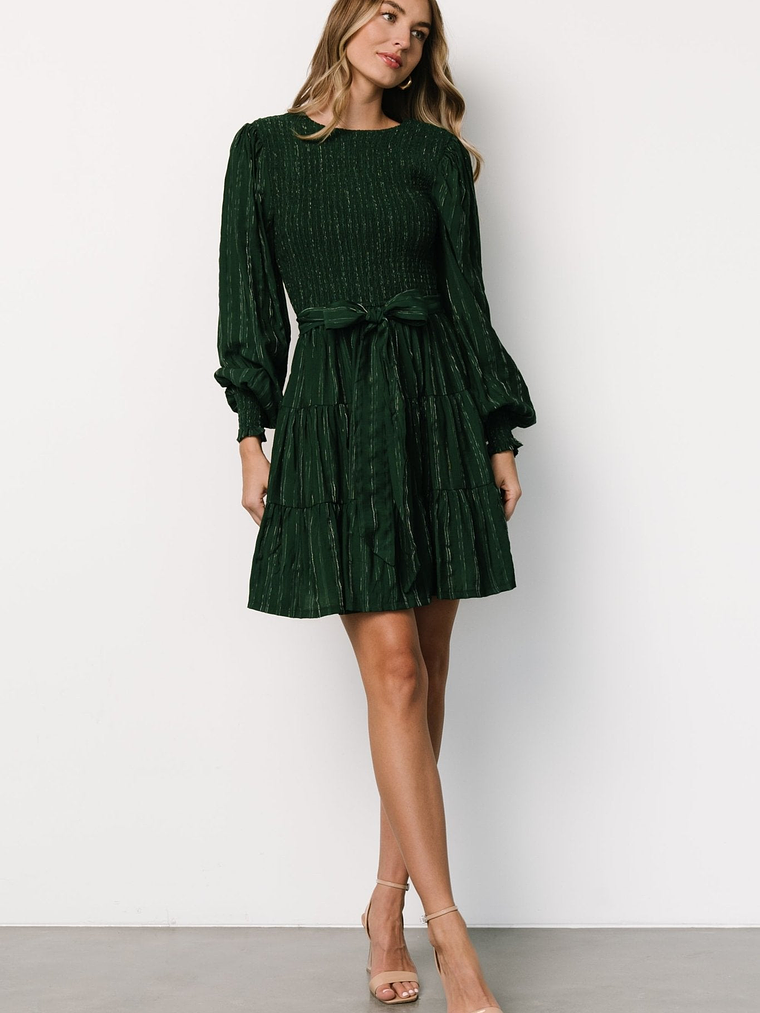 Ivey Smocked Short Dress | Dark Green + Silver 5