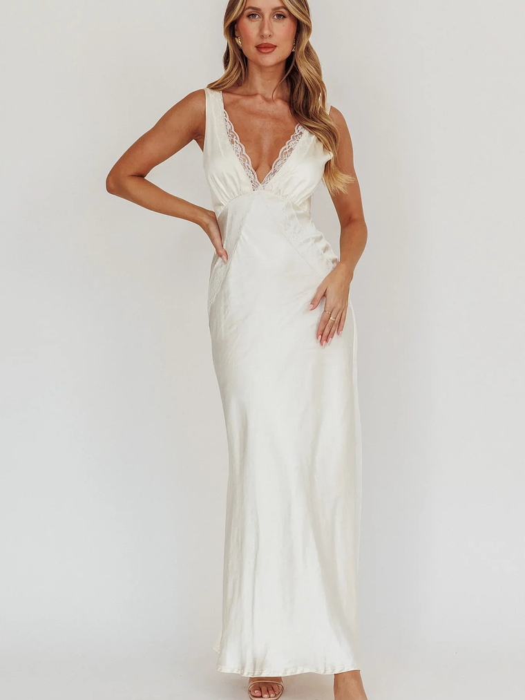 Ivonne Lace Trim V-Neck Maxi Dress Oyster 1