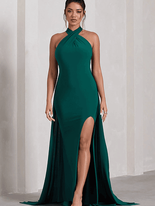 Intertwined | Bottle Green Halter-Neck Open-Back Split Maxi Dress With Scarf Detail