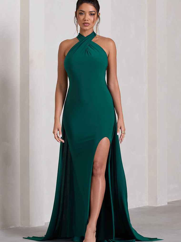 Intertwined | Bottle Green Halter-Neck Open-Back Split Maxi Dress With Scarf Detail 1