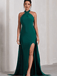 Intertwined | Bottle Green Halter-Neck Open-Back Split Maxi Dress With Scarf Detail - thumbnail 1