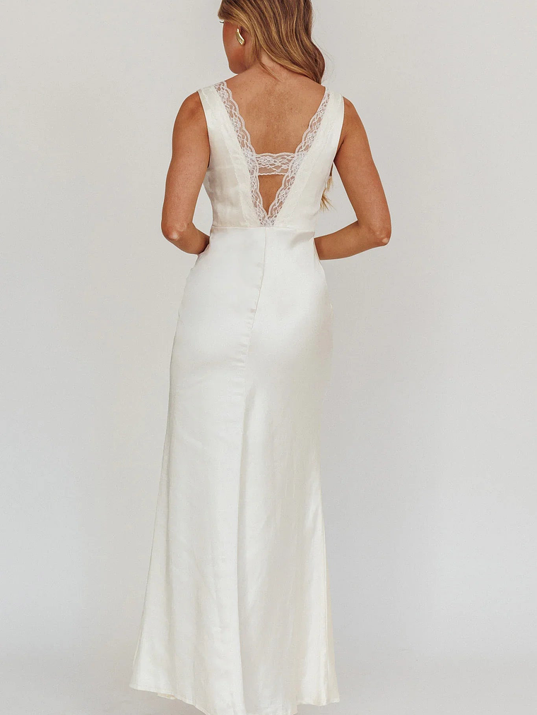 Ivonne Lace Trim V-Neck Maxi Dress Oyster 2