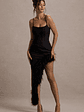 High Status | Black Strappy Corset Asymmetric Maxi Dress With Feather Trim - thumbnail 5