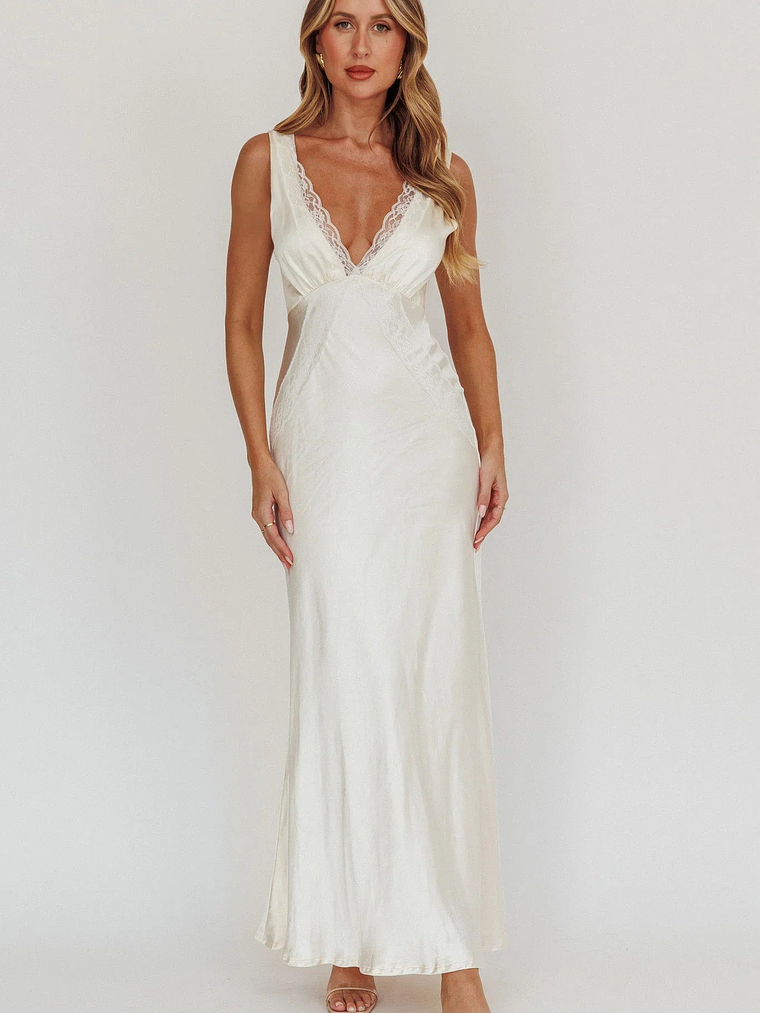 Ivonne Lace Trim V-Neck Maxi Dress Oyster 5