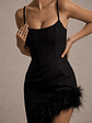 High Status | Black Strappy Corset Asymmetric Maxi Dress With Feather Trim - thumbnail 6