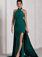 Intertwined | Bottle Green Halter-Neck Open-Back Split Maxi Dress With Scarf Detail - thumbnail 4