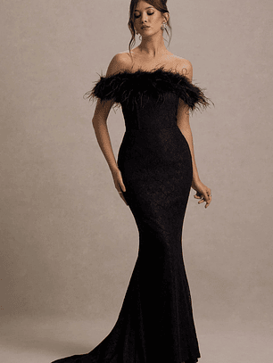 Idyll | Black Lace Bardot Feather Fishtail Maxi Dress