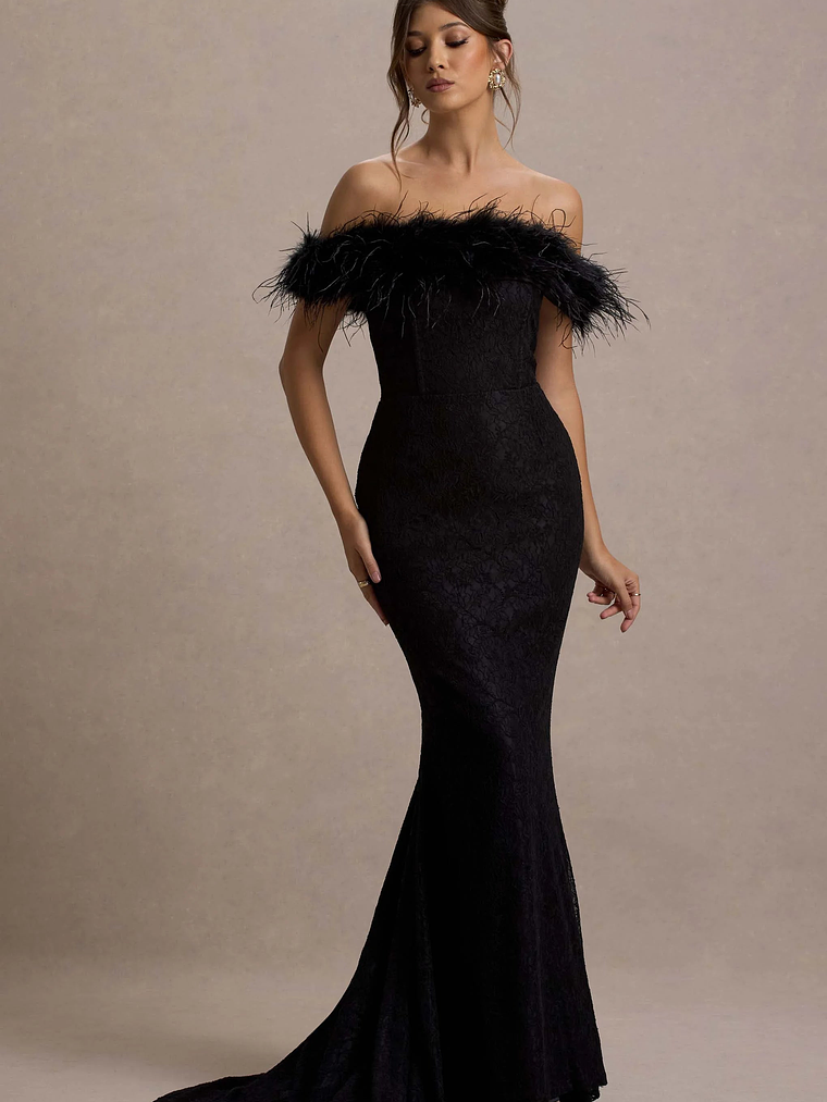 Idyll | Black Lace Bardot Feather Fishtail Maxi Dress 1