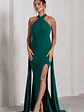 Intertwined | Bottle Green Halter-Neck Open-Back Split Maxi Dress With Scarf Detail - thumbnail 5