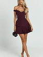 Izara Mini Dress Off Shoulder Pleated Dress in Wine - thumbnail 1