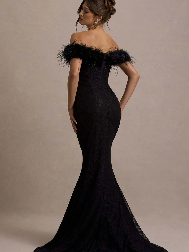Idyll | Black Lace Bardot Feather Fishtail Maxi Dress 2