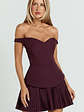 Izara Mini Dress Off Shoulder Pleated Dress in Wine - thumbnail 2