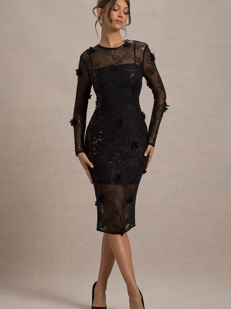 Intimate | Black Sequin Sheer Midi Dress With Flowers 1
