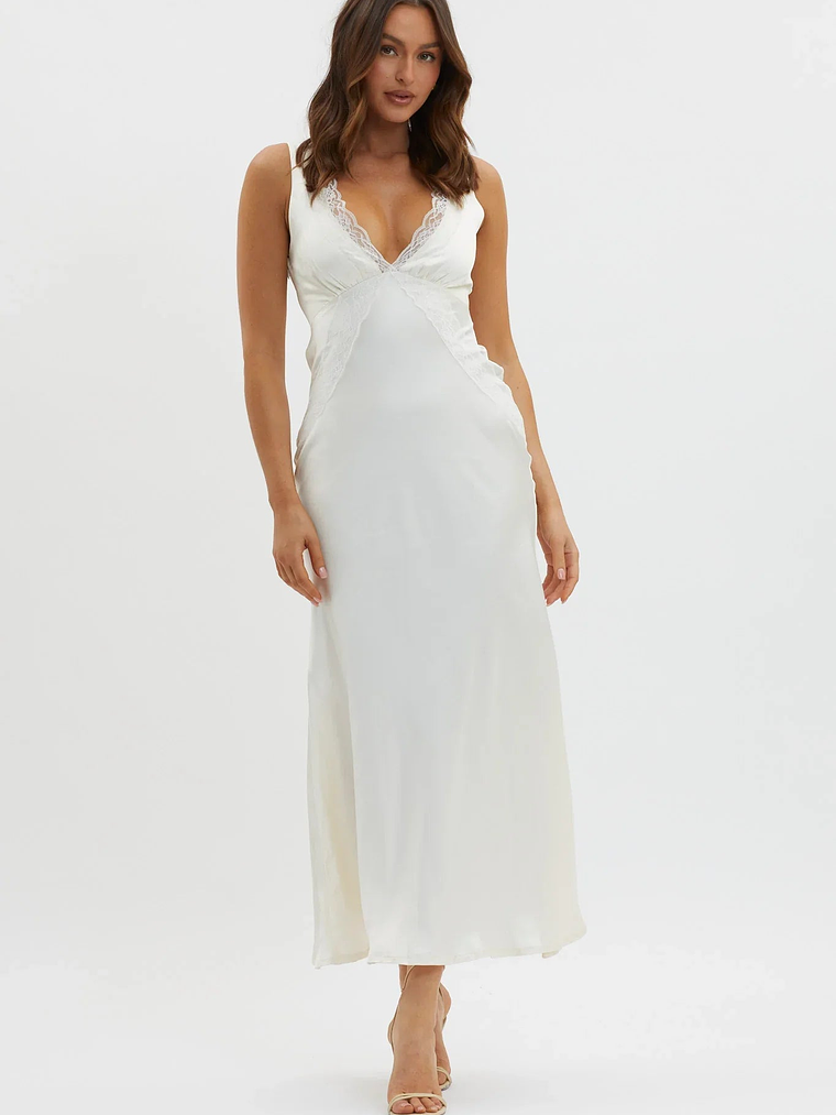 Ivonne Lace Trim V-Neck Maxi Dress Oyster 10