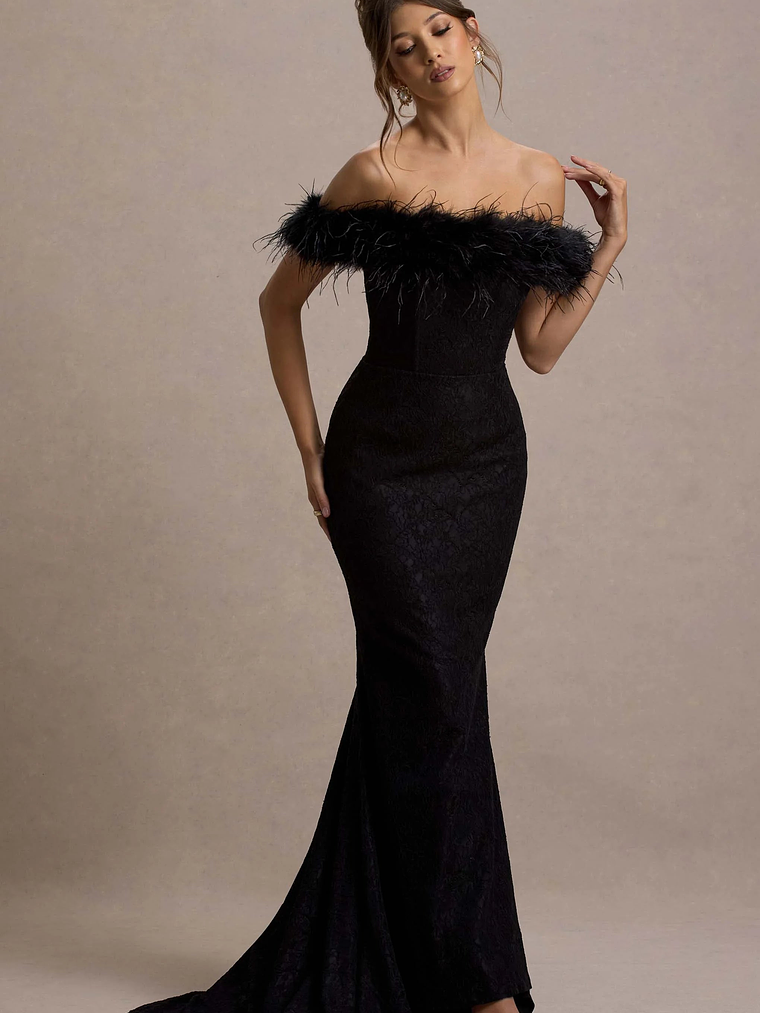 Idyll | Black Lace Bardot Feather Fishtail Maxi Dress 4
