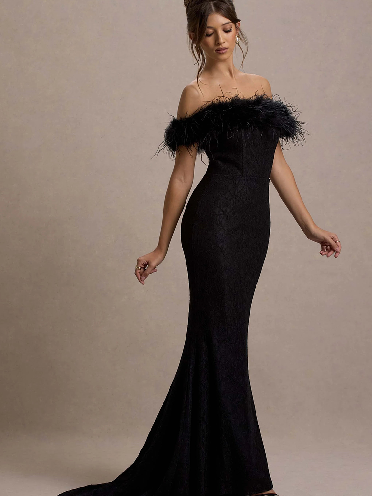 Idyll | Black Lace Bardot Feather Fishtail Maxi Dress 6