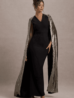 Ilenia | Black V-Neck Maxi Dress With Metallic Cape