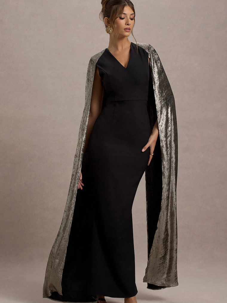 Ilenia | Black V-Neck Maxi Dress With Metallic Cape 1
