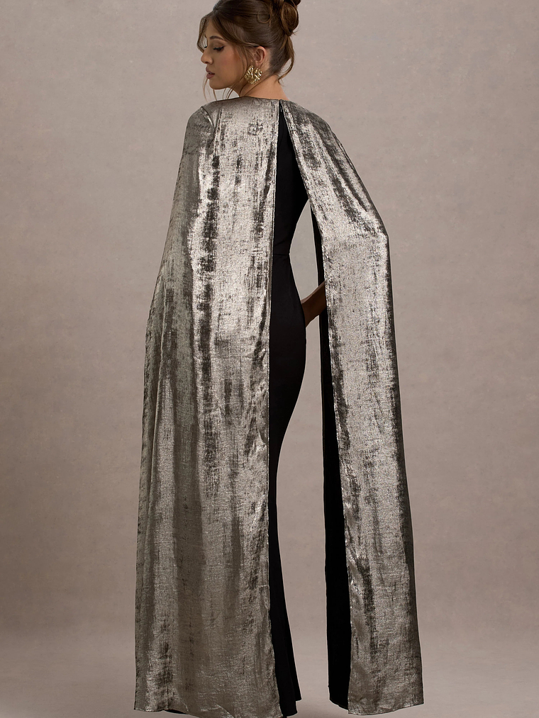 Ilenia | Black V-Neck Maxi Dress With Metallic Cape 2