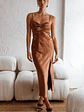 Invite Only Twisted Bust Satin Midi Dress Chocolate - thumbnail 3