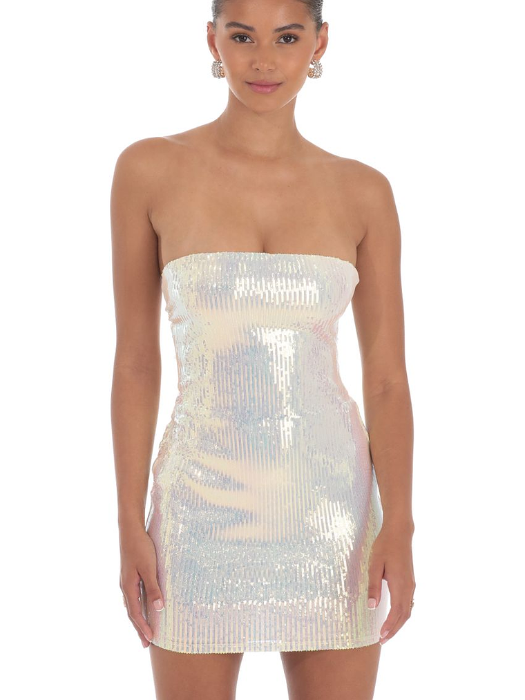Iridescent Seqiun Strapless Bodycon Dress in Cream 2