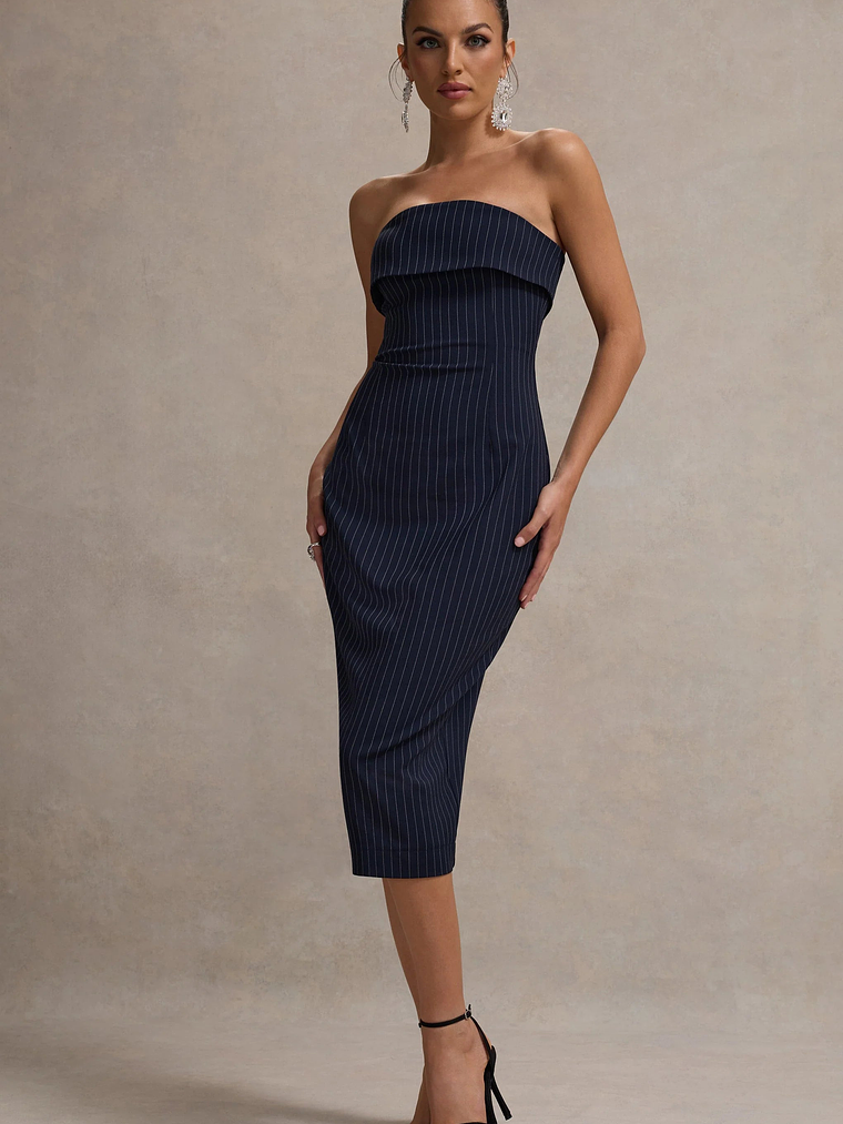 Highway | Navy Pinstripe Strapless Midi Dress 1