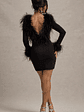 Heiress | Black Long-Sleeve Low Back Mini Dress With Feather Trim - thumbnail 2