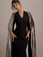 Ilenia | Black V-Neck Maxi Dress With Metallic Cape - thumbnail 3