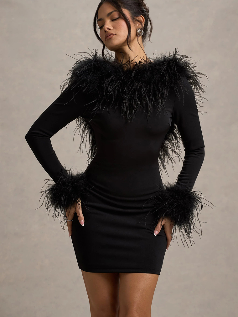 Heiress | Black Long-Sleeve Low Back Mini Dress With Feather Trim 3