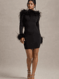 Heiress | Black Long-Sleeve Low Back Mini Dress With Feather Trim - thumbnail 4
