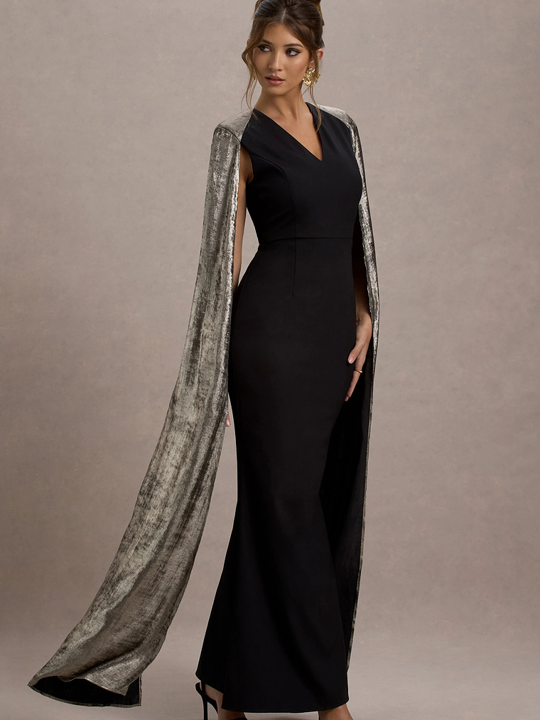 Ilenia | Black V-Neck Maxi Dress With Metallic Cape 4