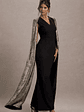 Ilenia | Black V-Neck Maxi Dress With Metallic Cape - thumbnail 4