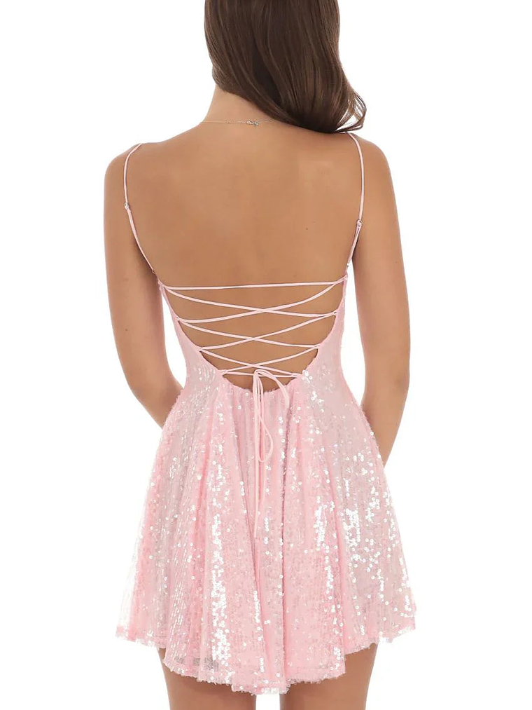 Iridescent Sequin Fit and Flare Dress in Pink 1