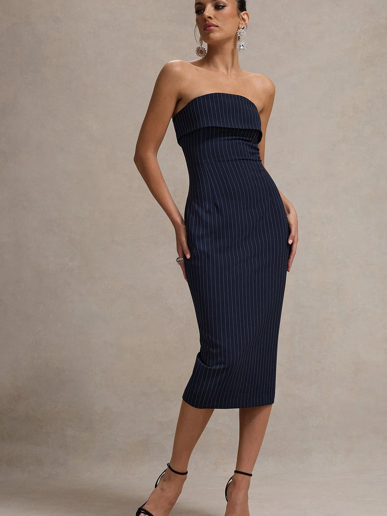 Highway | Navy Pinstripe Strapless Midi Dress 4