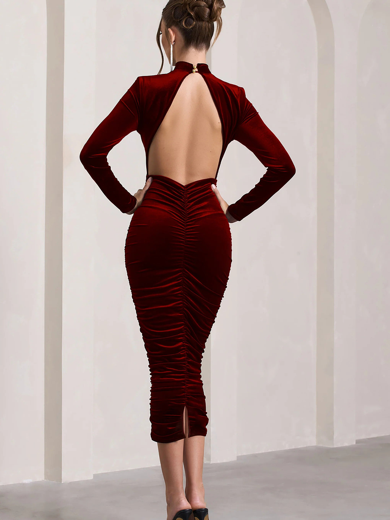 Joanna | Berry Velvet High-Neck Backless Midi Dress 2